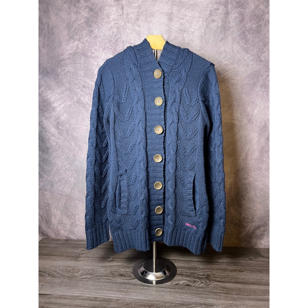 Billabong Cable Knit Hooded Cardigan Buttons Boho Chunky Navy Blue Surf